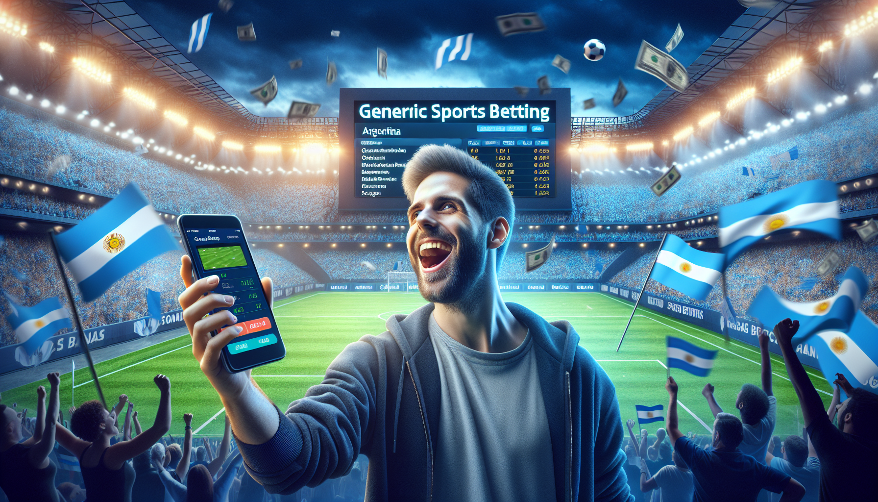 Apuesta en Bplay Argentina durante la liga argentina de fútbol en un estadio lleno.