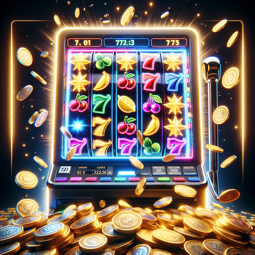 Pantalla de tragamonedas moderna con símbolos brillantes y monedas de oro