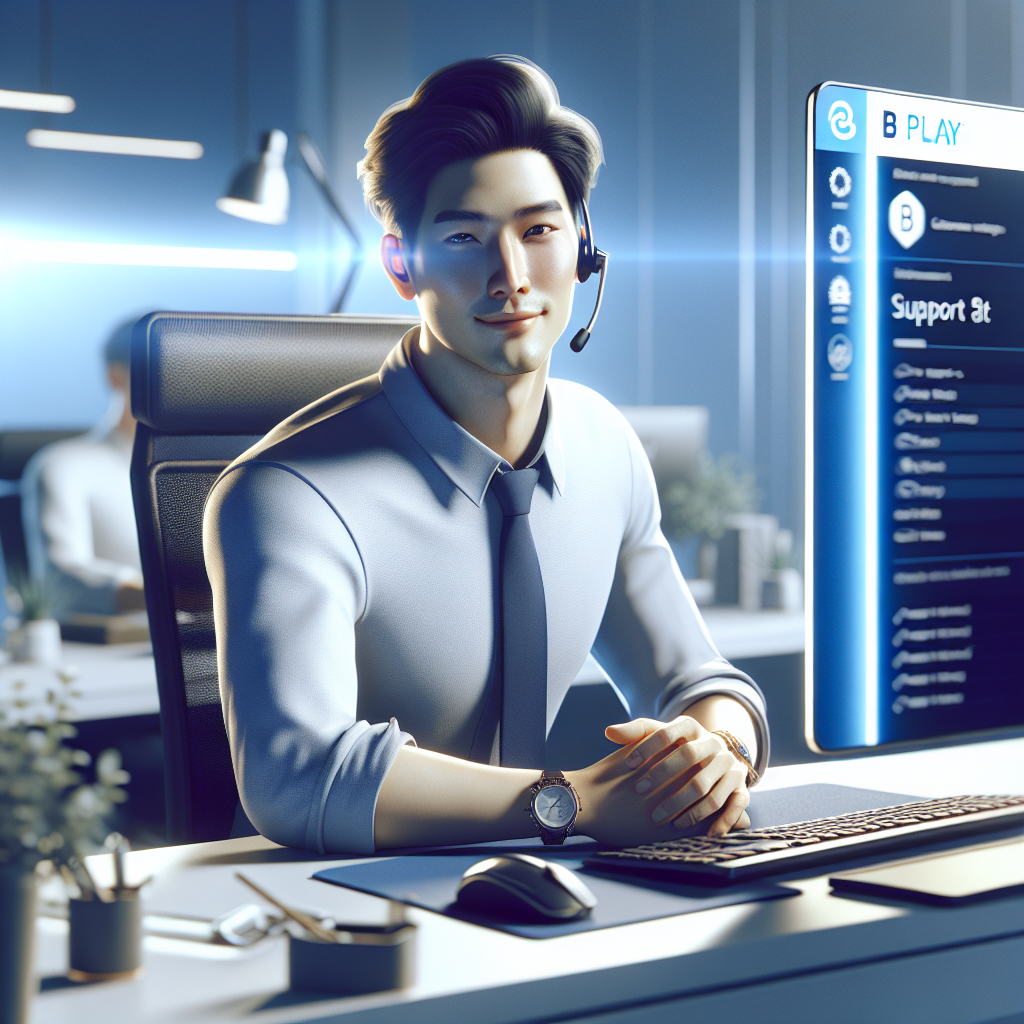 Agente de atención al cliente bplay sonriente, preparado para consultas en línea