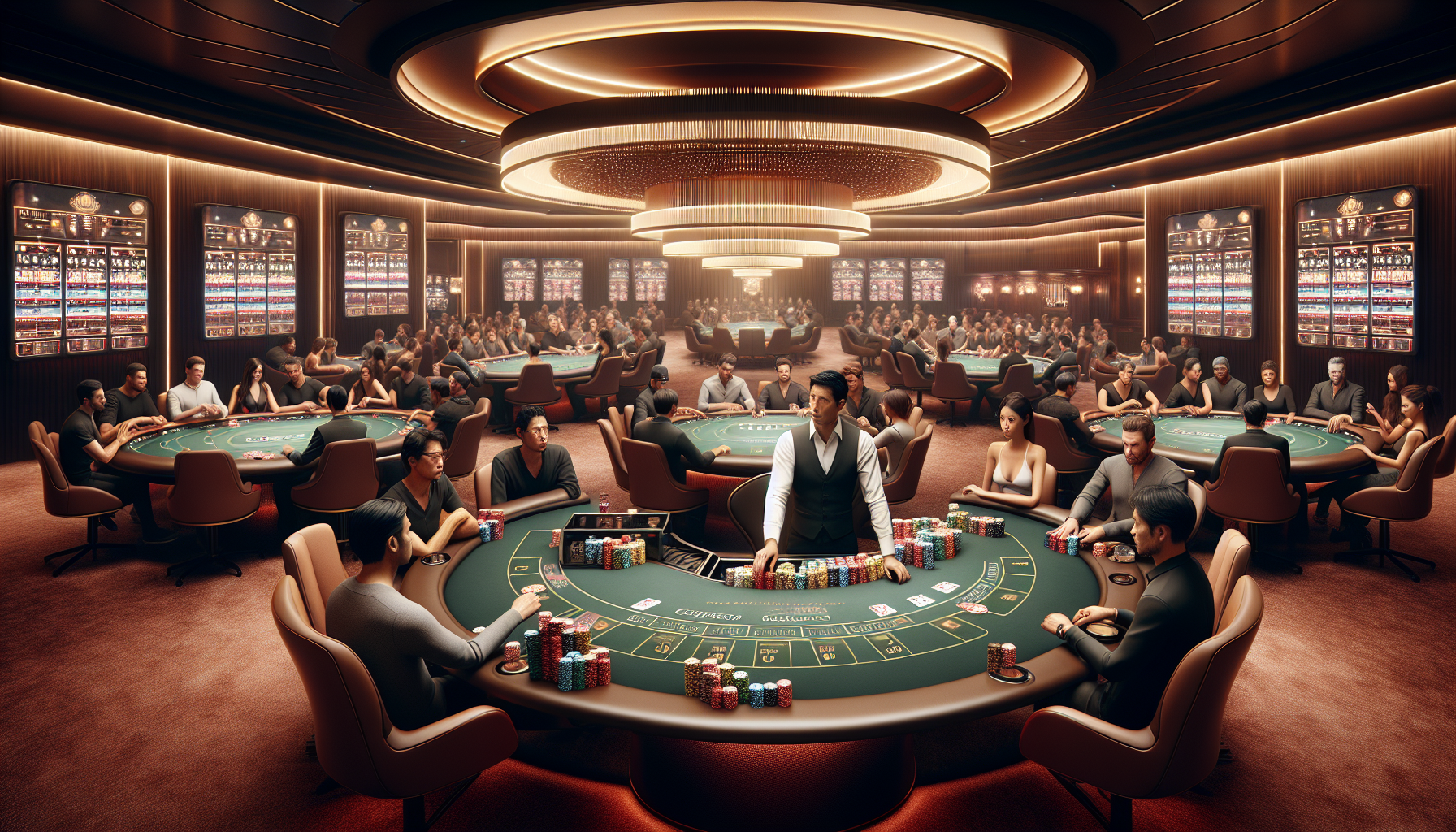 Sala virtual de poker en BPLAY Casino con jugadores y croupier profesional