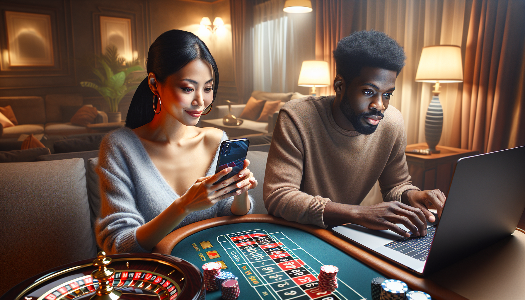 Usuarios jugando en Bplay desde dispositivos móviles y desktop, disfrutando la experiencia